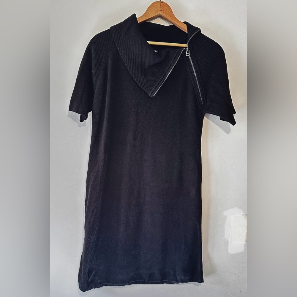 Calvin Klein Black Midi Short Sleeve Sweater Dress XL Zip Neck